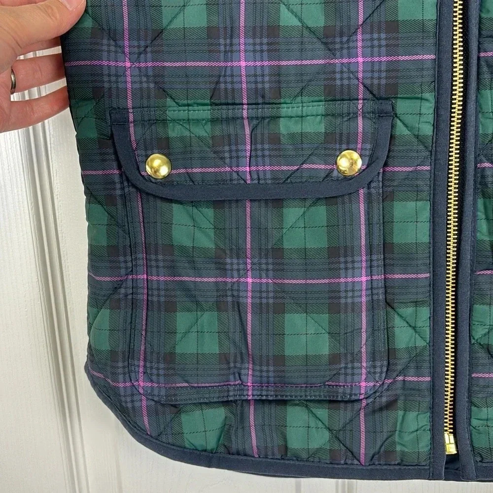 J. Crew navy, green and purple tartan zip up puffer vest sz xs